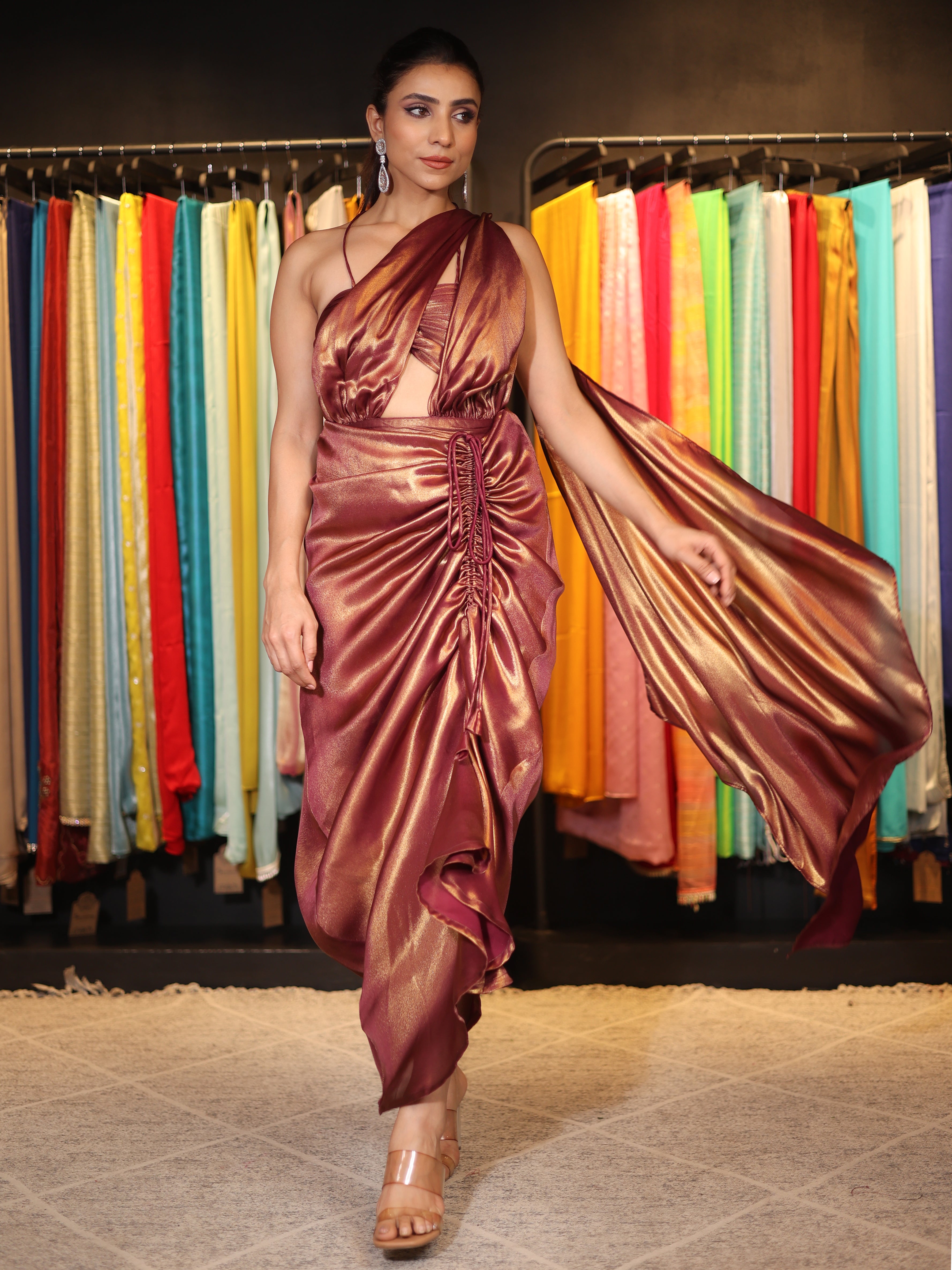 2 pc SET - Avant-Garde Wine Gold  Pre-Draped Saree with Blouse