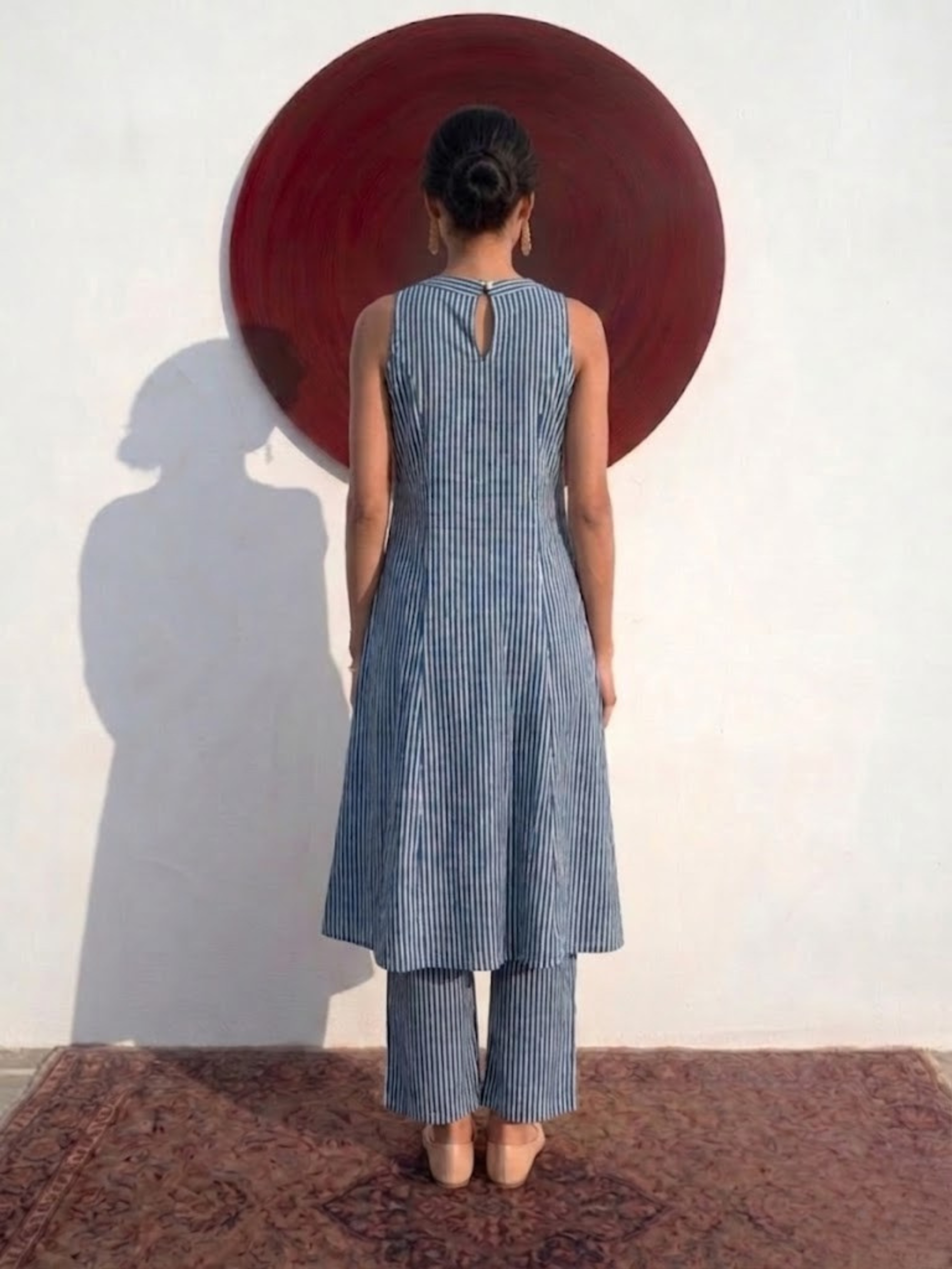 2 pc SET - Blue and White Stripe Printed Cotton Cambric Sleeveless Kurta and Pant