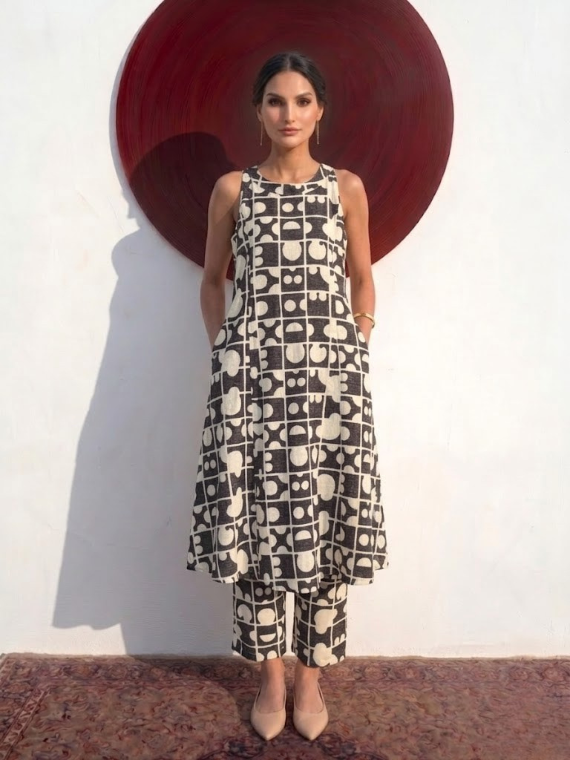 2 pc SET - Black Cream Printed Linen Sleeveless Kurta and Pant
