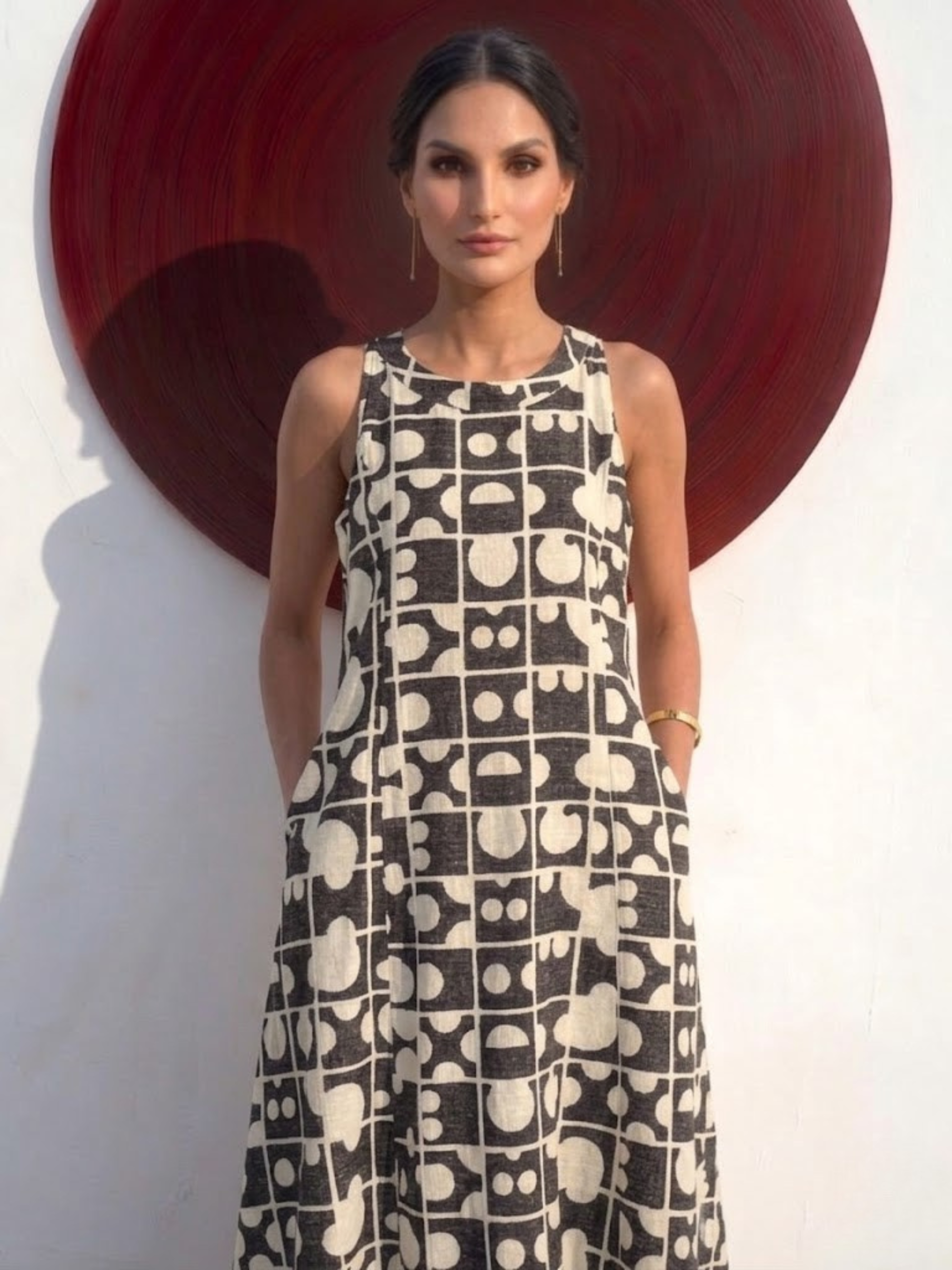 2 pc SET - Black Cream Printed Linen Sleeveless Kurta and Pant
