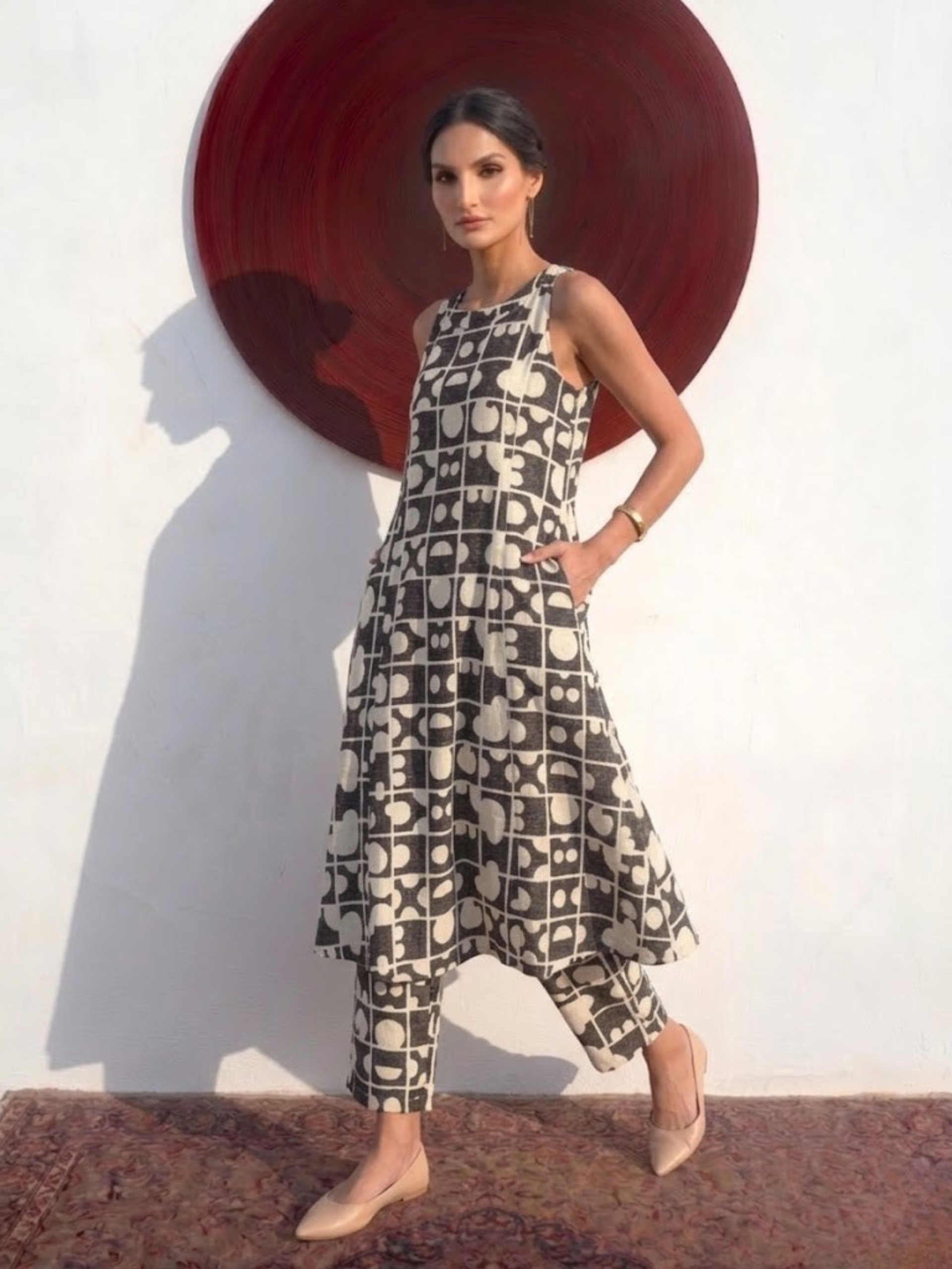 2 pc SET - Black Cream Printed Linen Sleeveless Kurta and Pant