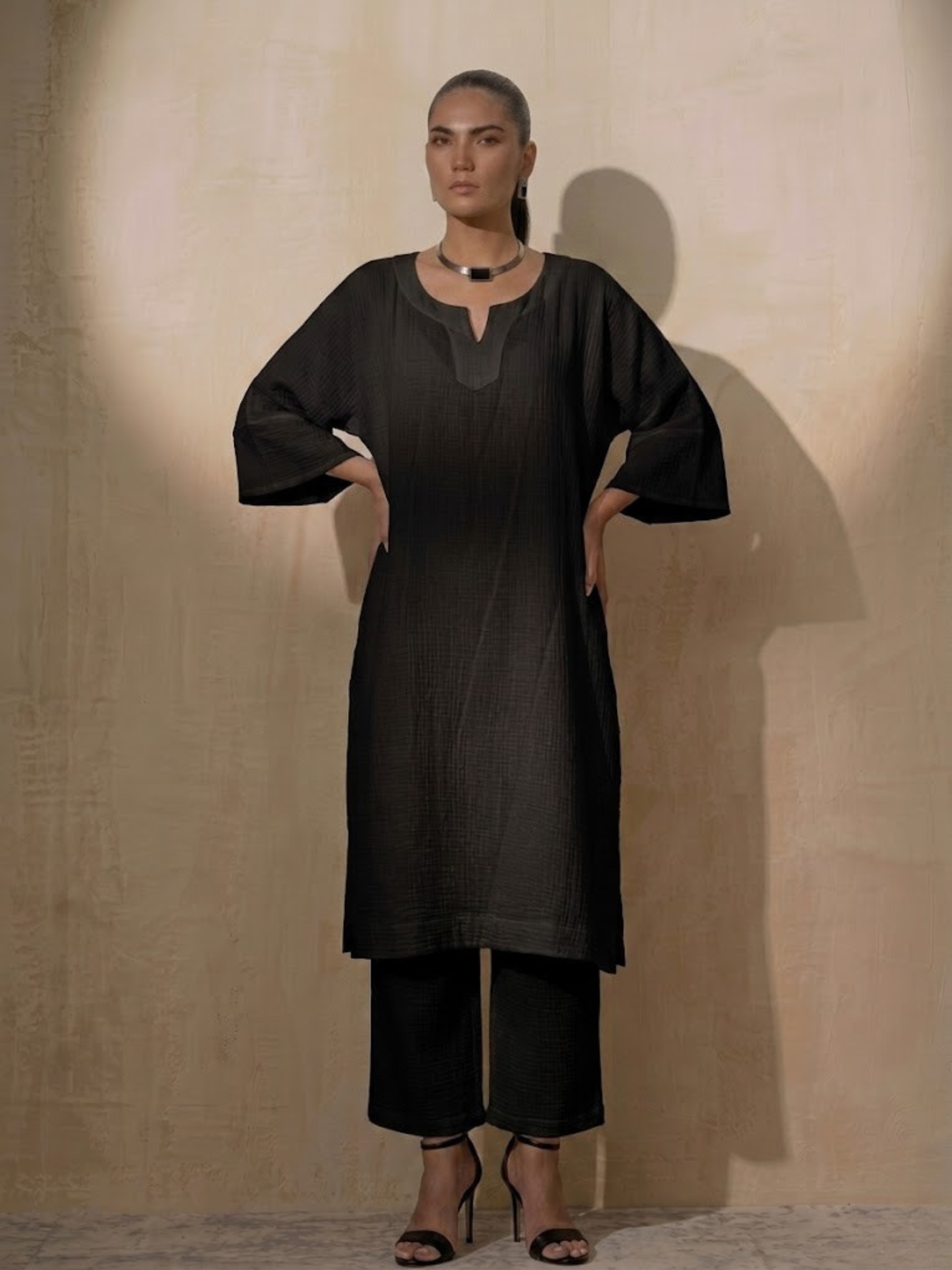 2 pc Set - Black Easy Addictive Travel Airflow Kurta and Pant Set