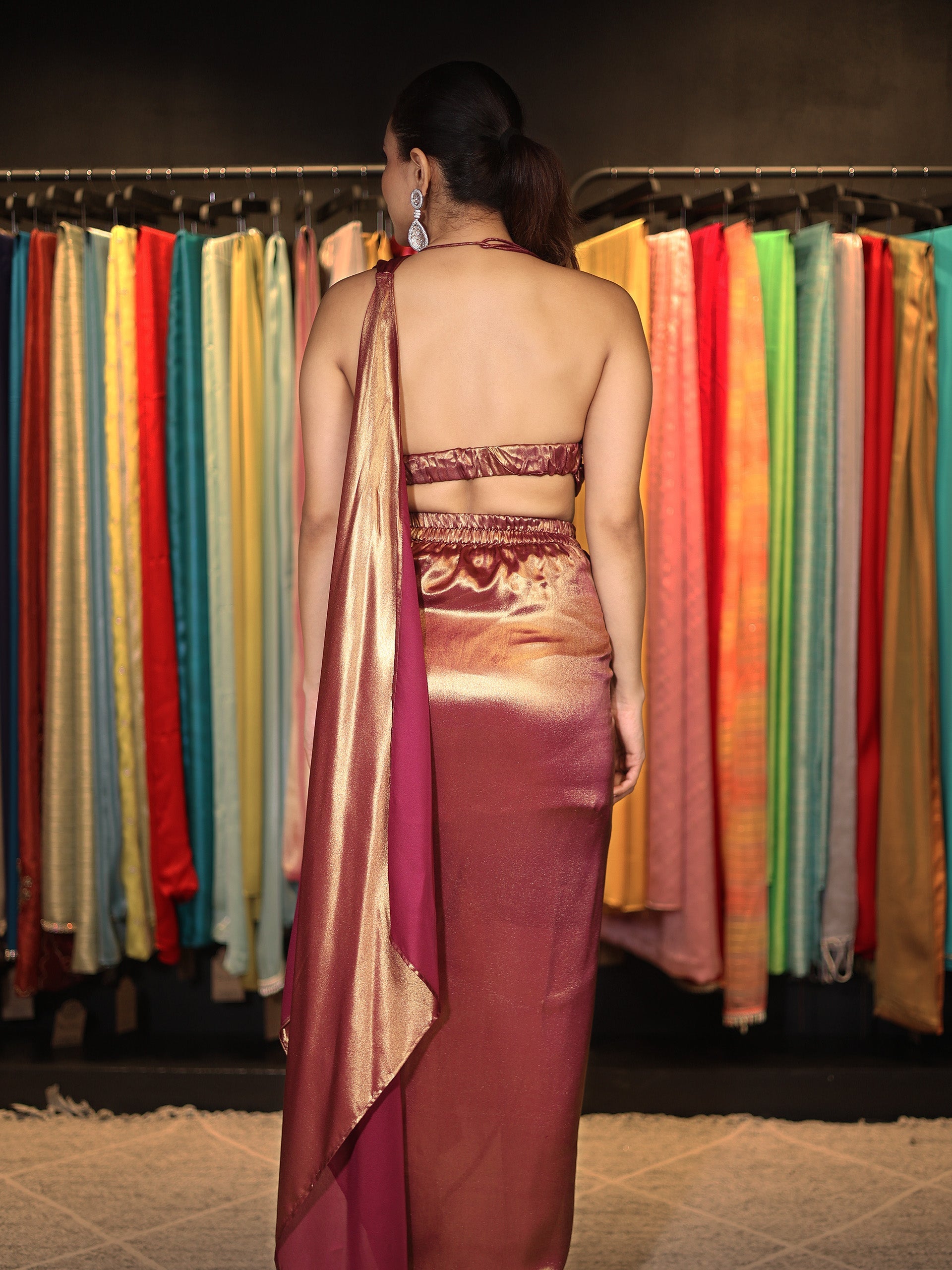 2 pc SET - Avant-Garde Wine Gold  Pre-Draped Saree with Blouse