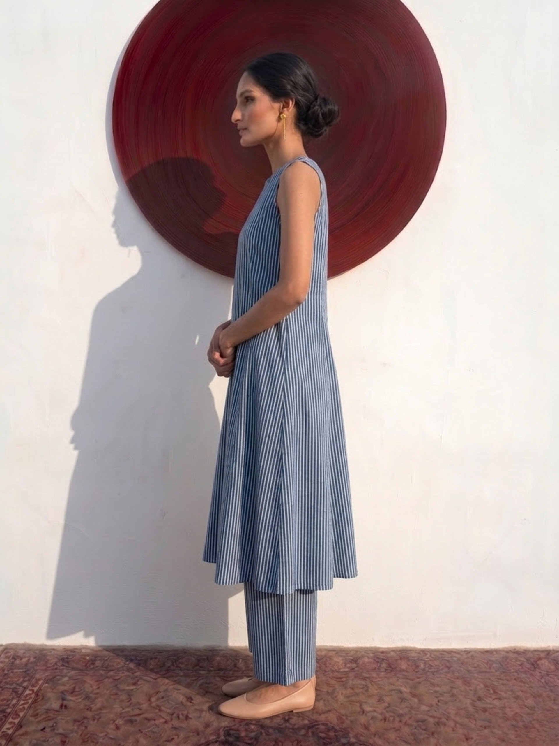 2 pc SET - Blue and White Stripe Printed Cotton Cambric Sleeveless Kurta and Pant