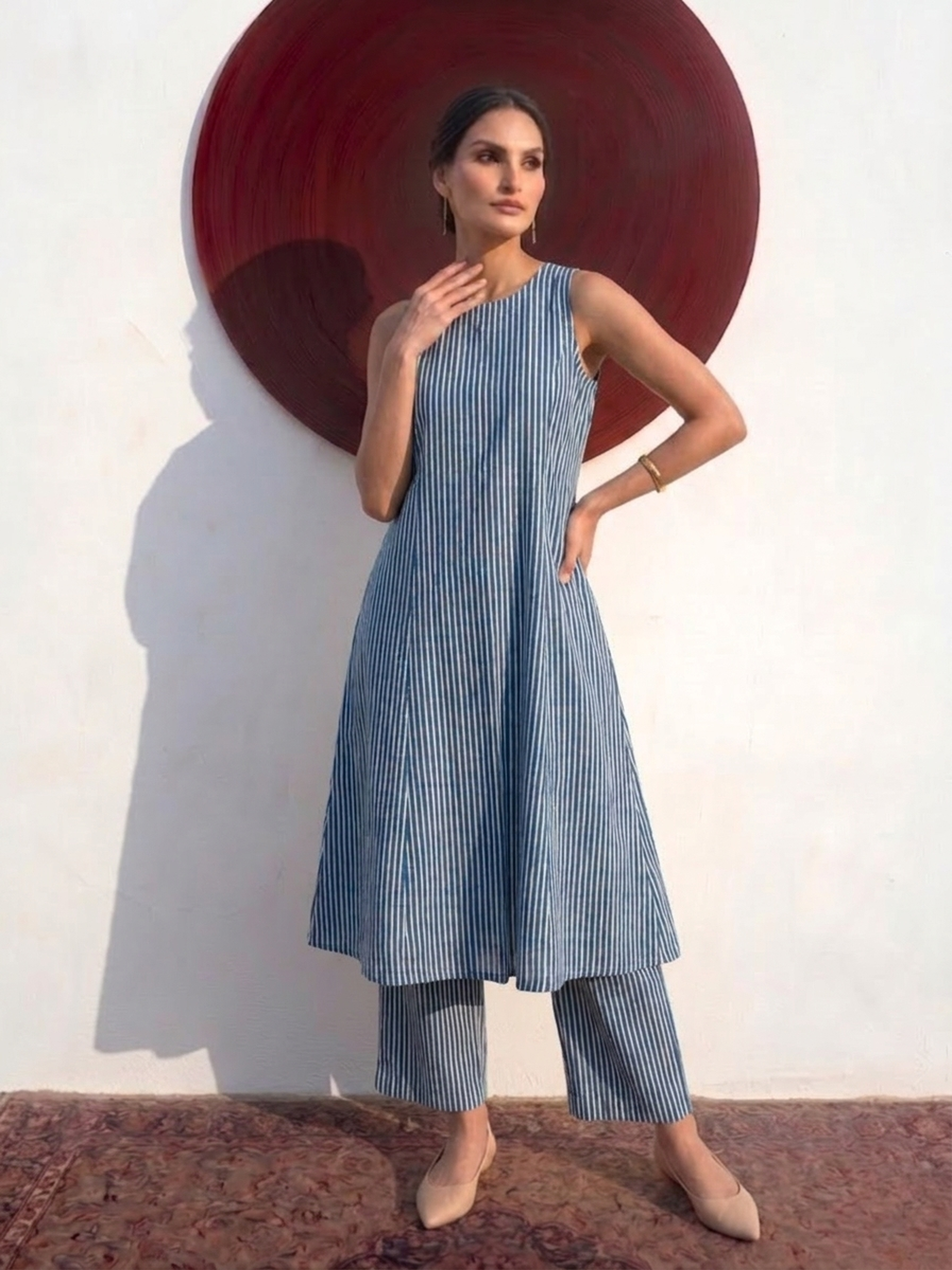 2 pc SET - Blue and White Stripe Printed Cotton Cambric Sleeveless Kurta and Pant