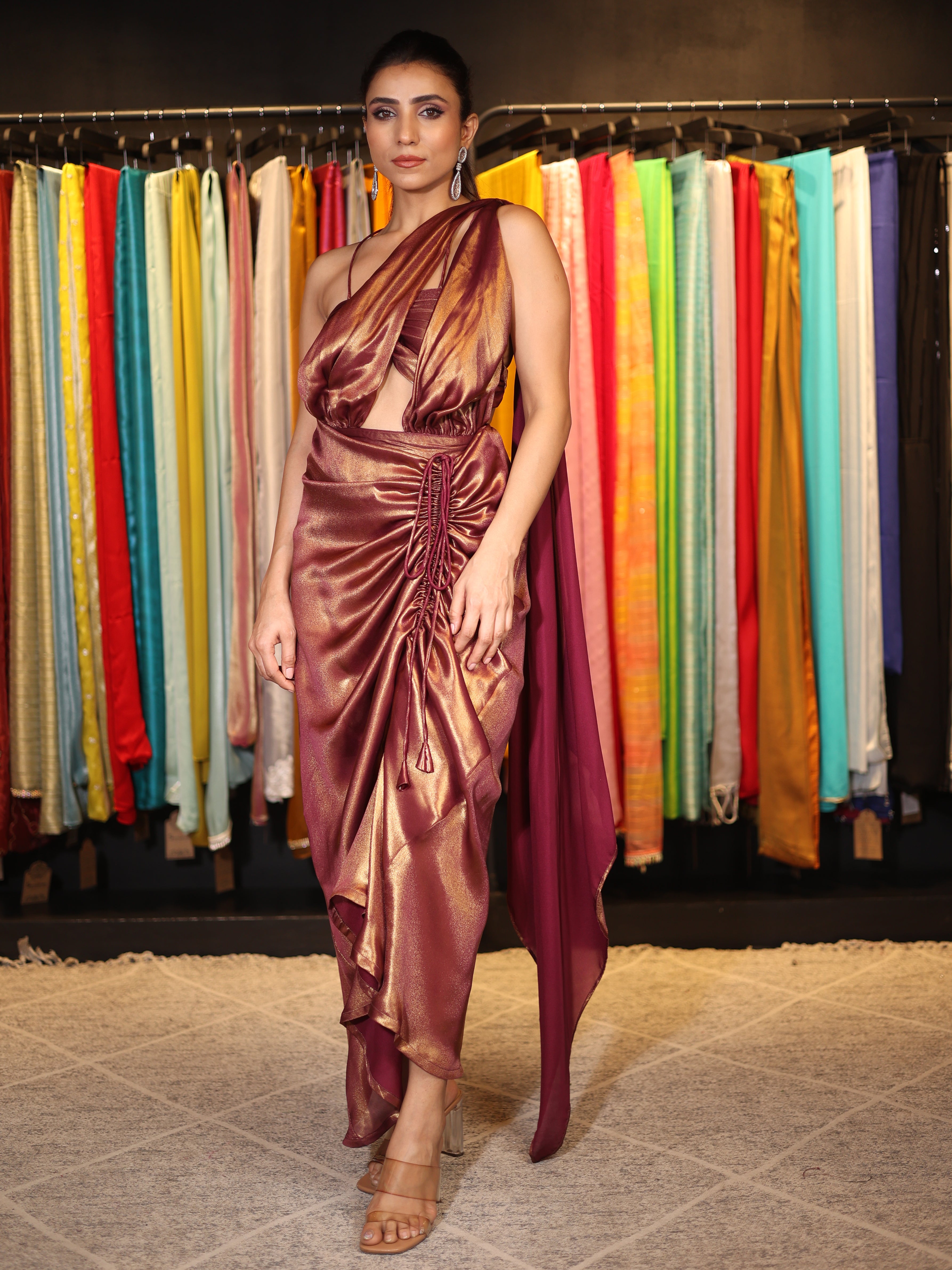2 pc SET - Avant-Garde Wine Gold  Pre-Draped Saree with Blouse